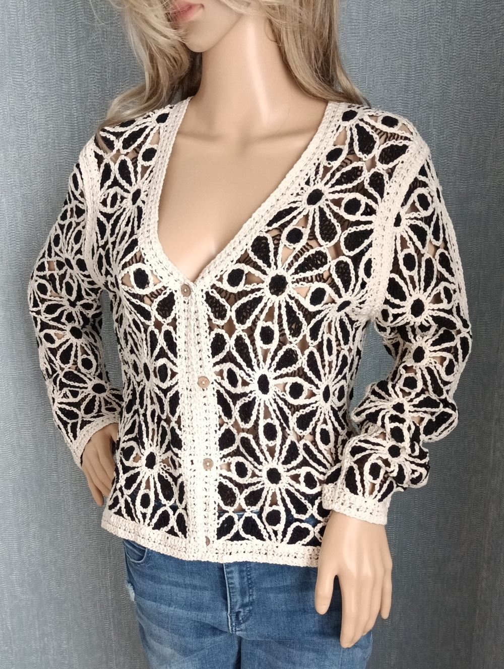 Solitaire Cream Openwork Crochet V-Neck Cardigan